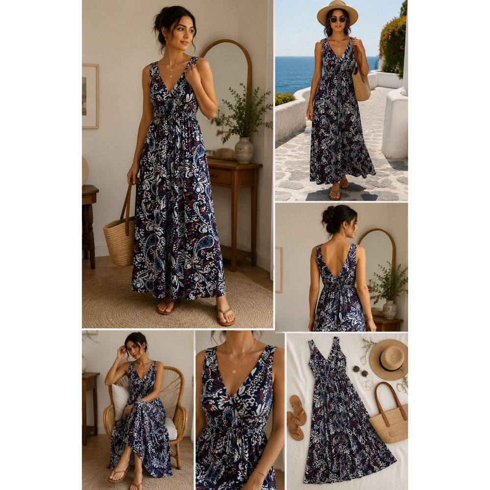 Lucky Brand Navy Blue Paisley Ikat Sleeveless V-Neck Maxi Dress XS Boho Rayon